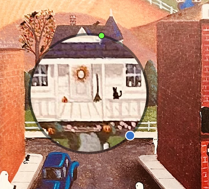 Folk art print refinished into Halloweentown. Magnified porch step with cat and broom