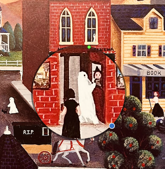 Folk art print refinished into Halloweentown. Magnified ghost buying tickets from witch at the cinema
