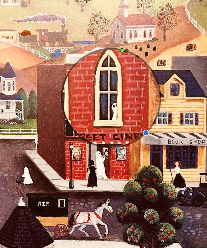 Folk art print refinished into Halloweentown. Magnifed ghost peering out second story window.