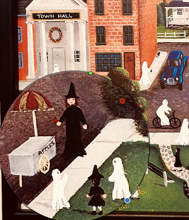 Folk art print refinished into Halloweentown. Magnified witch with apple stand