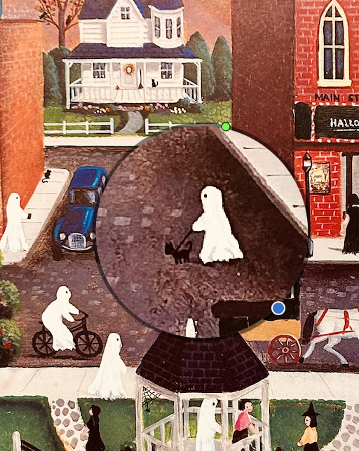 Folk art print refinished into Halloweentown. Magnified ghost walking a cat on a leash