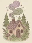 Fairy like cottage in woods with coloured smoke from chimney